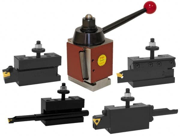 Dorian Tool - Series AXA Tool Post Holder & Set for 0 to 12" Lathe Swing - 14 Piece, Includes (4) Holders, (4) Toolholders, (5) Inserts, Tool Post - Exact Tooling