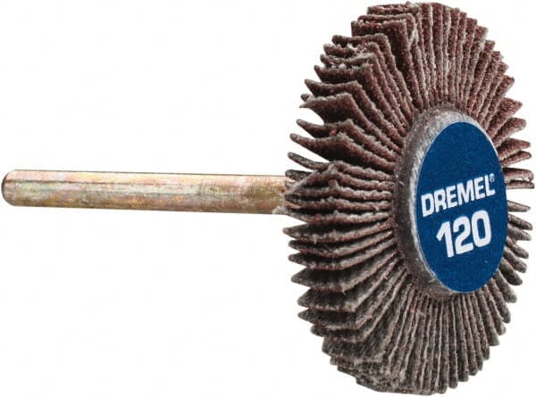 Dremel - 3/16" Diam, Fine Aluminum Oxide Coated Mounted Flap Wheel - 1/8" Shank Mount, 120 Grit - Exact Tooling