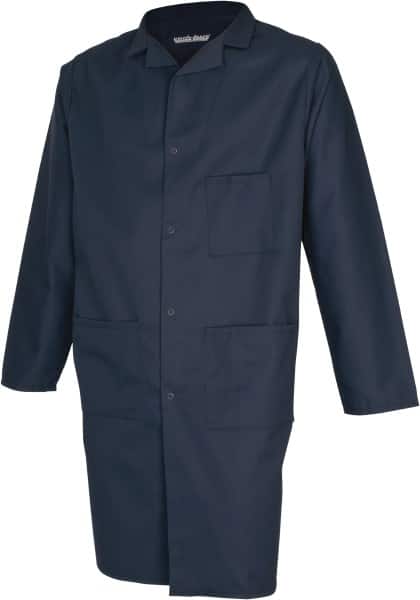 PRO-SAFE - Size M Navy Blue Lab Coat - Polyester and Cotton, Snap Front, Open Wrists, (2 Pass Through Pockets and Front Chest and Hip Pocket) - Exact Tooling
