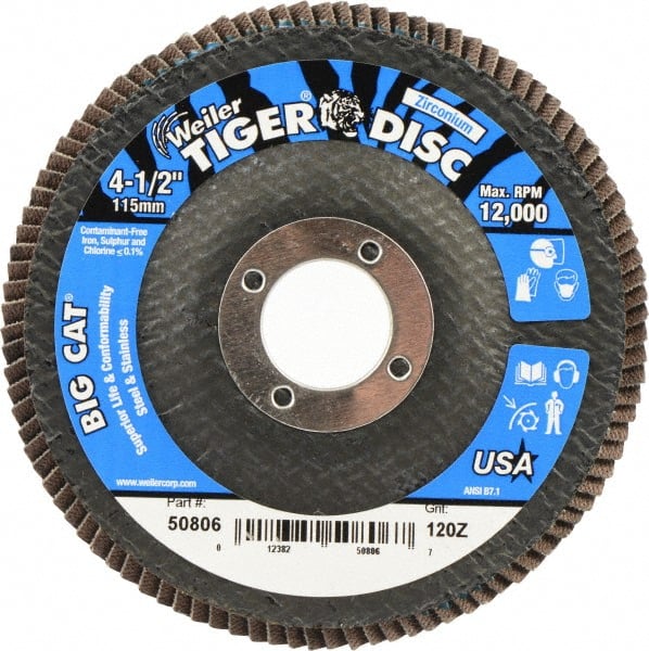 Weiler - 120 Grit, 4-1/2" Disc Diam, 7/8" Center Hole, Type 27 Zirconia Alumina Flap Disc - 12,000 Max RPM, Phenolic Backing, Arbor Attaching System, Coated - Exact Tooling