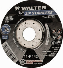 WALTER Surface Technologies - 60 Grit, 4-1/2" Wheel Diam, 3/64" Wheel Thickness, 7/8" Arbor Hole, Type 27 Depressed Center Wheel - Aluminum Oxide, Resinoid Bond, 13,300 Max RPM - Exact Tooling