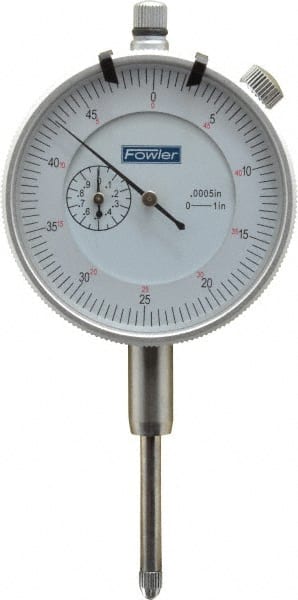 Fowler - 1" Range, 0-25-0 (Balanced), 0-50 (Continuous) Dial Reading, 0.0005" Graduation Dial Drop Indicator - 2-1/4" Dial, 0.05" Range per Revolution, Revolution Counter - Exact Tooling
