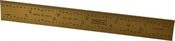 Fowler - 6" Long, 1/64, 1/32, 1/16, 1/8" Graduation, Rigid Steel Rule - 4R Graduation Style, 3/4" Wide, Yellow, Titanium Finish - Exact Tooling