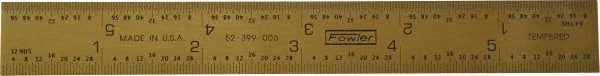 Fowler - 6" Long, 1/64, 1/32" and 0.5, 1mm Graduation, Rigid Steel Rule - English/Metric Graduation Style, 1/2" Wide, Yellow, Titanium Finish - Exact Tooling