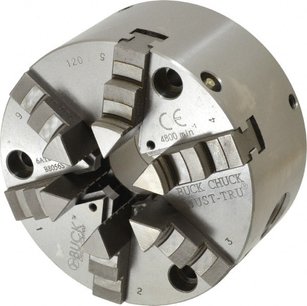 Buck Chuck Company - 6 Jaws, 5" Diam, Self Centering Manual Lathe Chuck - Front Mount, Adjustable, 4,125 Max RPM, 1.28" Through Hole Diam, Forged Steel - Exact Tooling