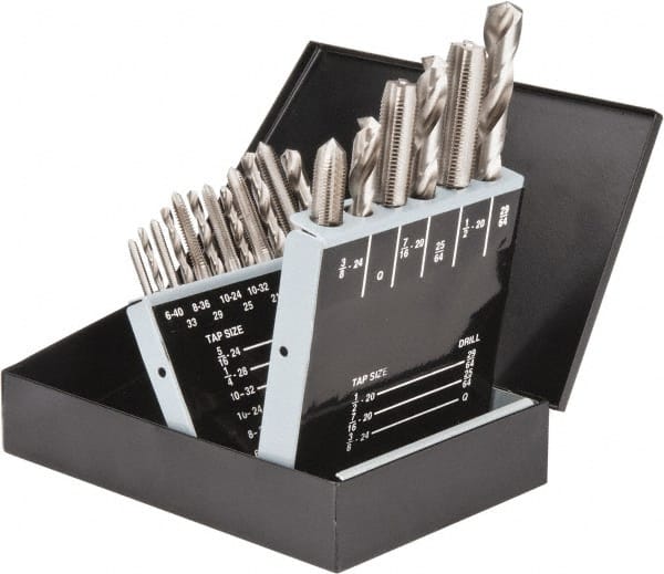 Interstate - #33, #29, #25, #21, #3 Drill, I to Q Drill, #6-40 to 1/2-20 Tap, Hand Tap and Drill Set - Bright Finish High Speed Steel Drills, Bright Finish High Speed Steel Taps, Plug Chamfer, 18 Piece Set - Exact Tooling