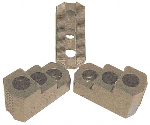 H & R Manufacturing - 15" Max Chuck Diam Compatibility, Case Hardened Steel 1.5mm x 60° Serrated Hard Lathe Top Jaws - 2 Steps, 1" Groove Width, 2-1/2" Wide x 5-1/2" Long x 3-15/32" High - Exact Tooling
