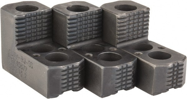 H & R Manufacturing - 6" Max Chuck Diam Compatibility, Case Hardened Steel 1.5mm x 60° Serrated Hard Lathe Top Jaws - 1 Step, 0.472" Groove Width, 1-1/4" Wide x 3" Long x 1.969" High - Exact Tooling