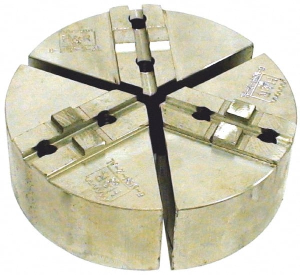 H & R Manufacturing - 10" Chuck Capacity, Tongue & Groove Attachment, Round Soft Lathe Chuck Jaw - 3 Jaws, Aluminum, 2-1/8" Btw Mount Hole Ctrs, 5" Long x 10" Wide x 2" High, 1/2" Groove - Exact Tooling