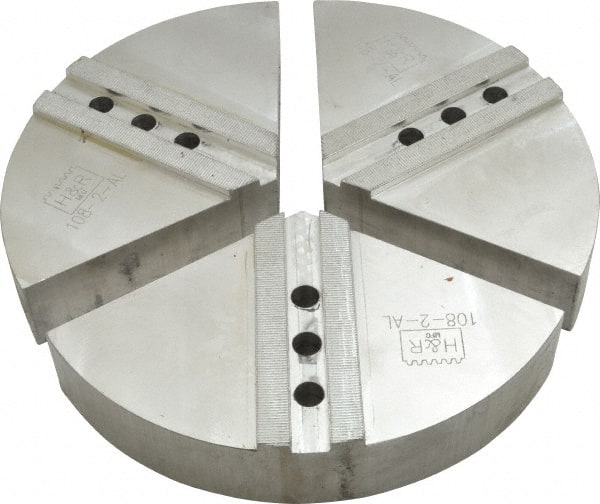 H & R Manufacturing - 12" Chuck Capacity, 1.5mm x 60° Serrated Attachment, Round Soft Lathe Chuck Jaw - 3 Jaws, Aluminum, 1.181" Btw Mount Hole Ctrs, 6" Long x 12" Wide x 2" High, 0.71" Groove, 14mm Fastener - Exact Tooling
