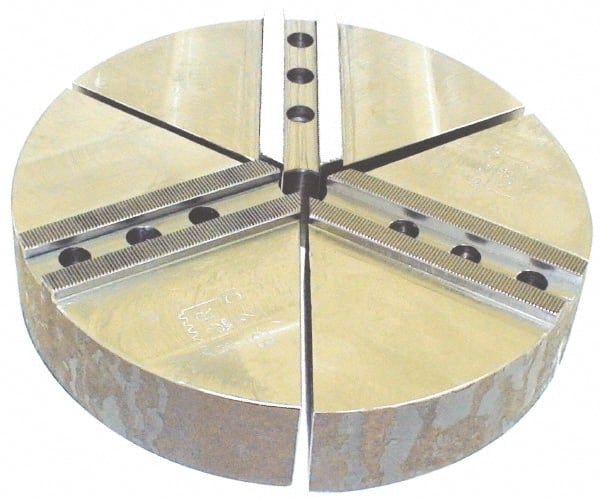 H & R Manufacturing - 8" Chuck Capacity, 1.5mm x 60° Serrated Attachment, Round Soft Lathe Chuck Jaw - 3 Jaws, Cast Iron, 1" Btw Mount Hole Ctrs, 4" Long x 8" Wide x 2" High, 0.551" Groove, 12mm Fastener - Exact Tooling