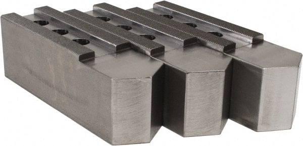 H & R Manufacturing - 16 to 20" Chuck Capacity, 3/32 x 90° Serrated Attachment, Square Soft Lathe Chuck Jaw - 3 Jaws, Steel, 1-9/16" Btw Mount Hole Ctrs, 9" Long x 2-1/2" Wide x 3" High, 1" Groove - Exact Tooling