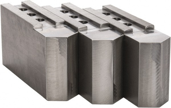 H & R Manufacturing - 16 to 20" Chuck Capacity, 3/32 x 90° Serrated Attachment, Square Soft Lathe Chuck Jaw - 3 Jaws, Steel, 1-9/16" Btw Mount Hole Ctrs, 9" Long x 2-1/2" Wide x 5" High, 1" Groove - Exact Tooling