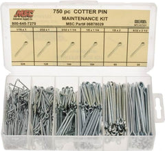 Value Collection - 750 Piece, 1/16 to 5/32" Pin Diam, Cotter Pin Assortment - 1 to 2-1/2" Long, Steel - Exact Tooling