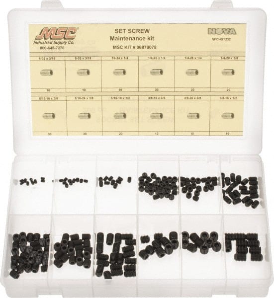 Value Collection - 200 Piece, #6-32 to 3/8-24, Steel Set Screw Assortment - Hex Head, Hex Socket Drive, 3/16 to 3/8" Long - Exact Tooling