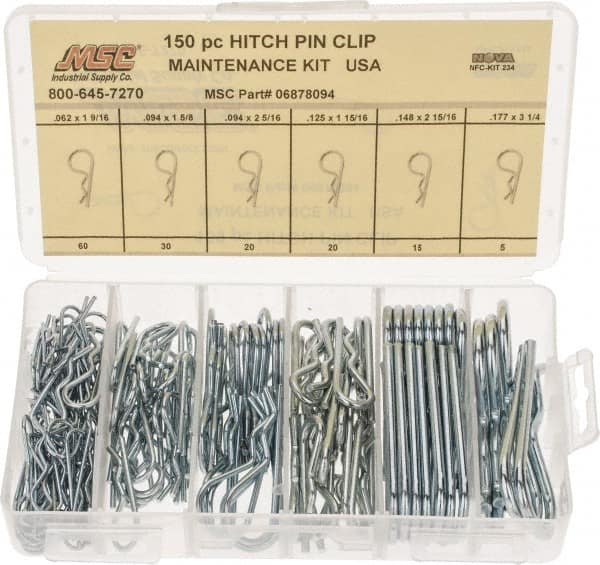 Value Collection - 150 Piece, 1/16 to 3/16" Pin Diam, Hitch Pin Assortment - 1-9/16 to 3-1/4" Long, Spring Steel - Exact Tooling