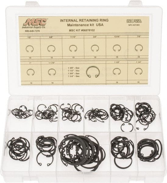 Made in USA - 150 Piece, 1/2 to 1-3/4", SpRing Assortment Steel, Snap Internal Retaining Ring Assortment - Includes Compartmented Case - Exact Tooling