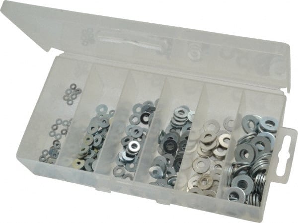 Value Collection - 400 Piece, No. 2, 1/4" Screw, Steel SAE Flat Washer Assortment - Includes 1/4 to 10" Screw & Plastic Case - Exact Tooling