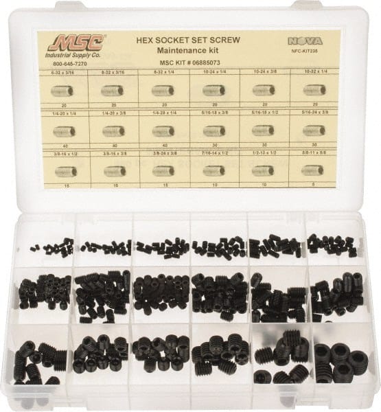 Value Collection - 400 Piece, #6-32 to 5/8-11, Steel Set Screw Assortment - Hex Head, Hex Socket Drive, 3/16 to 5/8" Long - Exact Tooling