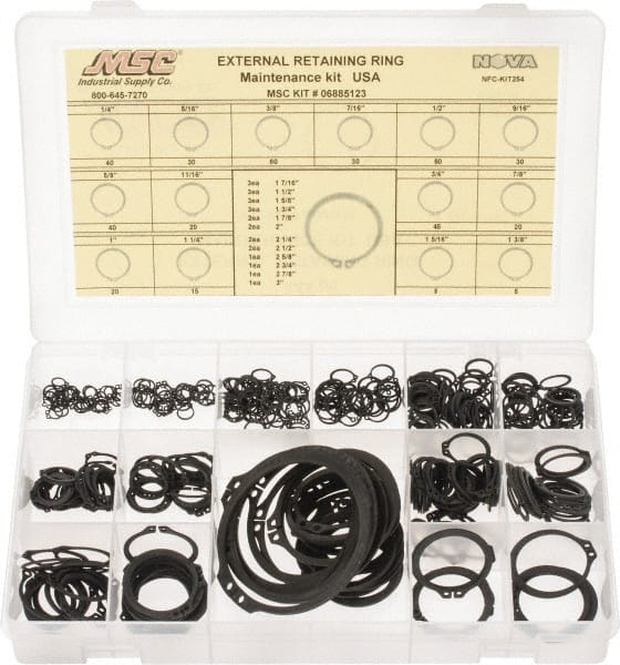 Made in USA - 444 Piece, 1/4 to 3", SpRing Assortment Steel, Snap External Retaining Ring Assortment - Includes Compartmented Case - Exact Tooling