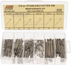 Value Collection - 315 Piece, 1/16 to 1/8" Pin Diam, Cotter Pin Assortment - 3/64 to 5/32" Long, Stainless Steel - Exact Tooling