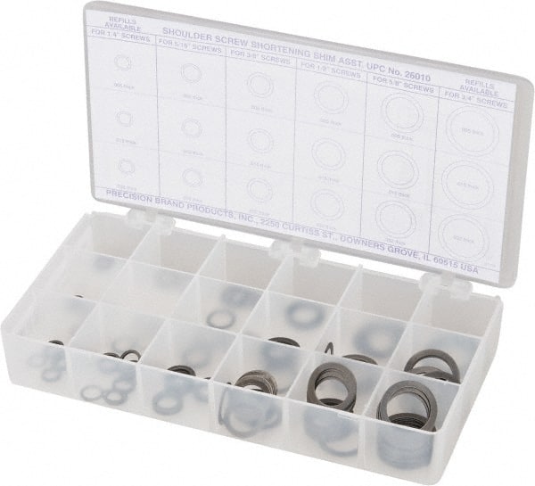 Precision Brand - 270 Piece, 1/4 to 3/4" Screw, Grade 1075 Spring Steel Flat Washer Assortment - Includes (15) 0.501 Inside x 0.738 OD Washer, (45) 0.252 to 0.751 Inside x 0.366 to 0.995 OD Washer & Compartmented Storage Case - Exact Tooling