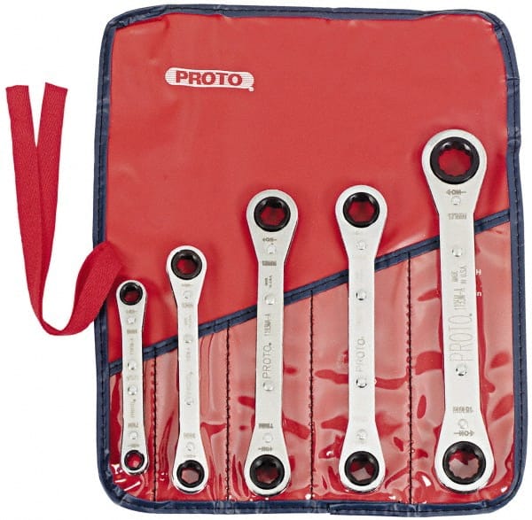 Proto - 5 Piece, 7mm to 17mm, 6, 12 Point Ratcheting Box Wrench Set - Metric Measurement Standard, Chrome Finish, Comes in Pouch - Exact Tooling
