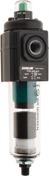 Norgren - 1/4" Port Coalescing Filter - Polycarbonate Bowl, Automatic Drain, 150 Max psi, 0.01 Micron Rating, 1.98" Wide x 7-1/2" High - Exact Tooling