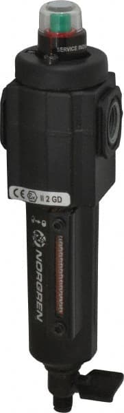 Norgren - 3/8" Port Coalescing Filter - Zinc Bowl, Manual Drain, 250 Max psi, 0.01 Micron Rating, 1.98" Wide x 7-1/2" High - Exact Tooling