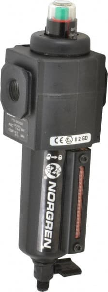 Norgren - 3/8" Port Coalescing Filter - Aluminum Bowl, Manual Drain, 250 Max psi, 0.01 Micron Rating, 2.68" Wide x 8.16" High - Exact Tooling