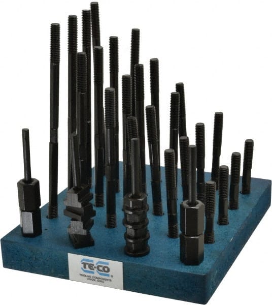 TE-CO - 38 Piece, 3/8-16 Stud, 7/16" T Slot, T Nut & Stud Kit - 11/16" T-Slot Nut Width, 3, 4, 5, 6, 7, 8" Stud Lengths - Exact Tooling