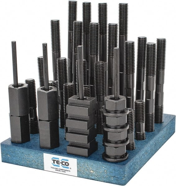TE-CO - 38 Piece, 5/8-11 Stud, 11/16" T Slot, T Nut & Stud Kit - 1-1/8" T-Slot Nut Width, 3, 4, 5, 6, 7, 8" Stud Lengths - Exact Tooling