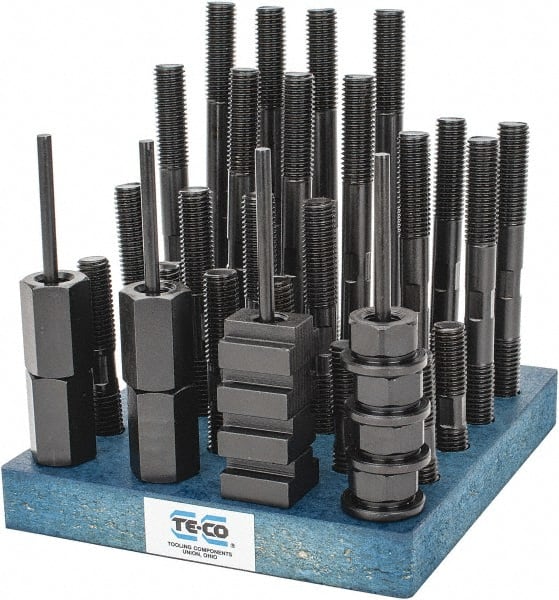 TE-CO - 38 Piece, 5/8-11 Stud, 3/4" T Slot, T Nut & Stud Kit - 1-1/4" T-Slot Nut Width, 3, 4, 5, 6, 7, 8" Stud Lengths - Exact Tooling