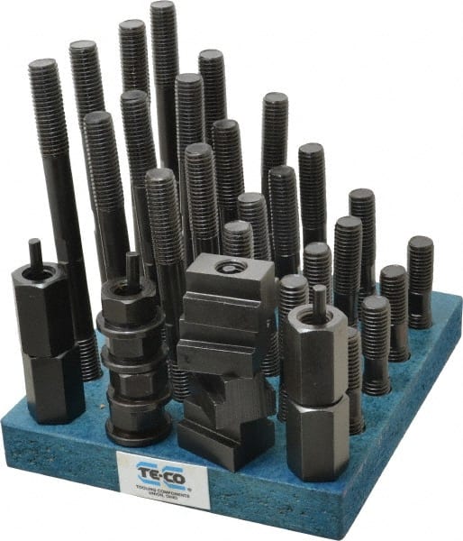 TE-CO - 38 Piece, 5/8-11 Stud, 13/16" T Slot, T Nut & Stud Kit - 1-1/4" T-Slot Nut Width, 3, 4, 5, 6, 7, 8" Stud Lengths - Exact Tooling