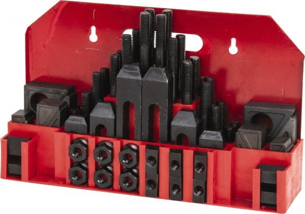 Value Collection - 52 Piece Fixturing Step Block & Clamp Set with 1" Step Block, 9/16" T-Slot, 1/2-13 Stud Thread - 7/8" Nut Width, 3, 4, 5, 6, 7 & 8" Stud Lengths - Exact Tooling