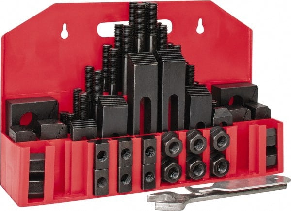 Value Collection - 52 Piece Fixturing Step Block & Clamp Set with 1" Step Block, 5/8" T-Slot, 1/2-13 Stud Thread - 1" Nut Width, 3, 4, 5, 6, 7 & 8" Stud Lengths - Exact Tooling