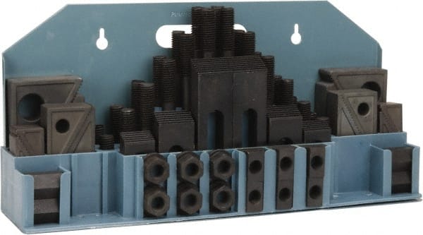 Value Collection - 52 Piece Fixturing Step Block & Clamp Set with 1" Step Block, 11/16" T-Slot, 5/8-11 Stud Thread - 1-1/8" Nut Width, 3, 4, 5, 6, 7 & 8" Stud Lengths - Exact Tooling