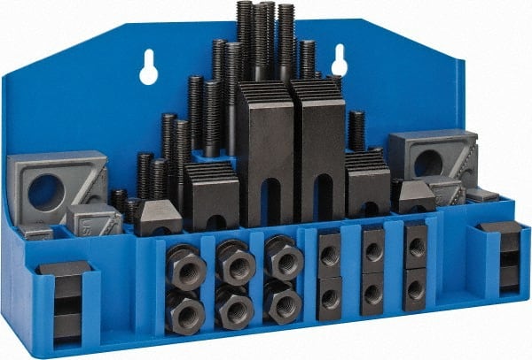 TE-CO - 52 Piece Fixturing Step Block & Clamp Set with 1" Step Block, 5/8" T-Slot, 1/2-13 Stud Thread - 1" Nut Width, 3, 4, 5, 6, 7 & 8" Stud Lengths - Exact Tooling