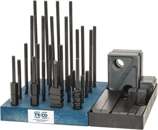 TE-CO - 50 Piece Fixturing Step Block & Clamp Set with 1" Step Block, 3/8" T-Slot, 5/16-18 Stud Thread - 5/8" Nut Width, 3, 4, 5, 6, 7 & 8" Stud Lengths - Exact Tooling
