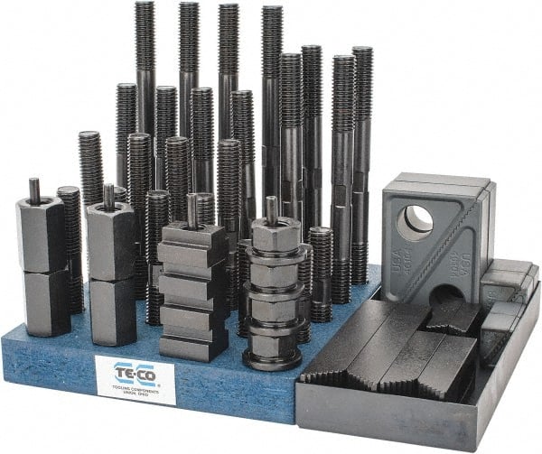 TE-CO - 50 Piece Fixturing Step Block & Clamp Set with 1" Step Block, 11/16" T-Slot, 5/8-11 Stud Thread - 1-1/8" Nut Width, 3, 4, 5, 6, 7 & 8" Stud Lengths - Exact Tooling