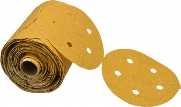 Norton - 5" Diam, 80 Grit Aluminum Oxide Adhesive PSA Disc - Coarse Grade, Gold, C Weighted Backing, Flexible - Exact Tooling