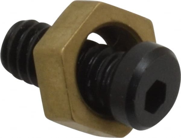 Mitee-Bite - 5/16" Brass Hex, 8-32 Stud Thread, Symmetrical Hex Clamp - 0.11" Hex Height, 205 Lb Holding Force, Hardened Steel Stud, 23/64" Long Thread, 1.5 Ft/Lb Torque, 10 Clamps - Exact Tooling