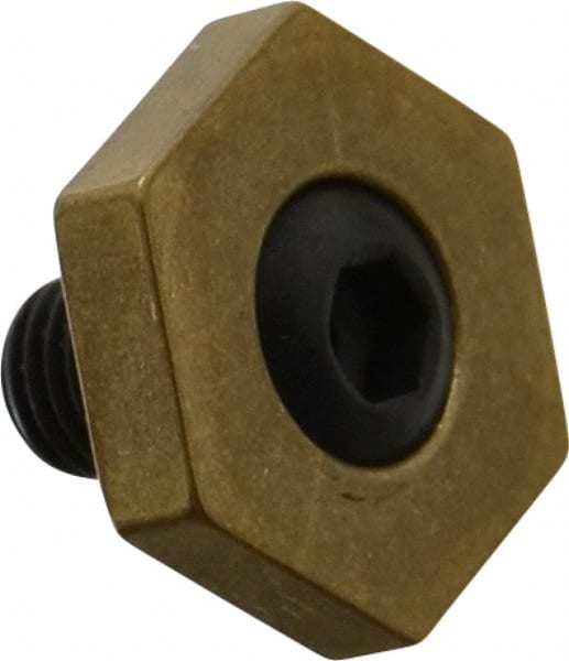 Mitee-Bite - 13/16" Brass Hex, 5/16-24 Stud Thread, Symmetrical Hex Clamp - 3/16" Hex Height, 800 Lb Holding Force, Hardened Steel Stud, 15/32" Long Thread, 8.3 Ft/Lb Torque, 12 Clamps - Exact Tooling