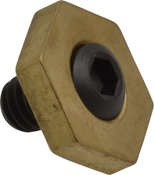 Mitee-Bite - 13/16" Brass Hex, 5/16-18 Stud Thread, Symmetrical Hex Clamp - 3/16" Hex Height, 800 Lb Holding Force, Hardened Steel Stud, 15/32" Long Thread, 8.3 Ft/Lb Torque, 12 Clamps - Exact Tooling