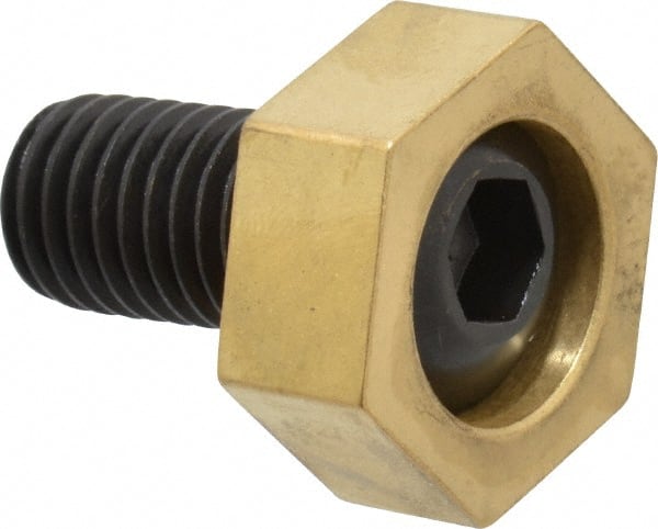 Mitee-Bite - 1-3/16" Brass Hex, 5/8-11 Stud Thread, Symmetrical Hex Clamp - 1/2" Hex Height, 6,000 Lb Holding Force, Hardened Steel Stud, 1-1/8" Long Thread, 100 Ft/Lb Torque, 4 Clamps - Exact Tooling