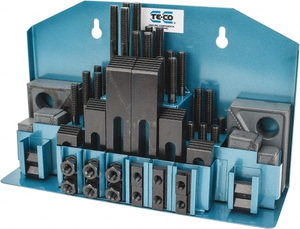TE-CO - 52 Piece Fixturing Step Block & Clamp Set with 25mm Step Block, 12mm T-Slot, M10x1.5 Stud Thread - 19mm Nut Width, 80, 110, 125, 150, 175 & 200mm Stud Lengths - Exact Tooling