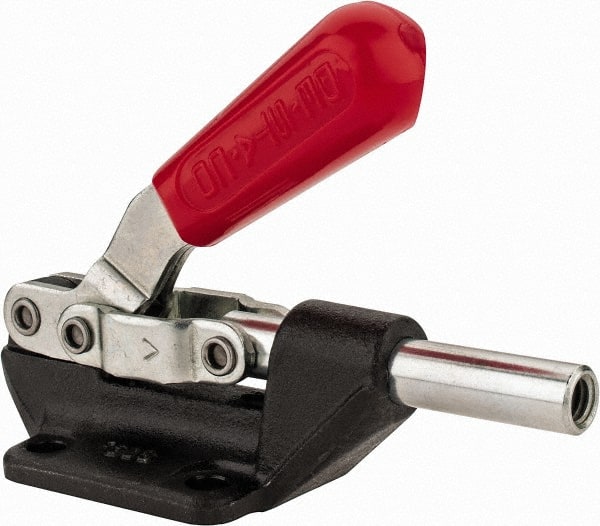 De-Sta-Co - 600 Lb Load Capacity, Flanged Base, Carbon Steel, Standard Straight Line Action Clamp - 4 Mounting Holes, 0.27" Mounting Hole Diam, 0.44" Plunger Diam, Straight Handle - Exact Tooling