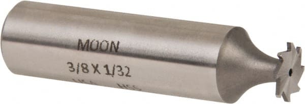 Made in USA - 3/8" Diam x 1/32" Face Width, High Speed Steel, 8 Teeth, Shank Connection Woodruff Keyseat Cutter - Uncoated, 2-1/16" OAL x 1/2" Shank, Straight Teeth - Exact Tooling