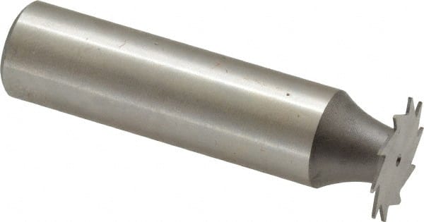 Made in USA - 5/8" Diam x 0.02" Face Width, High Speed Steel, 12 Teeth, Shank Connection Woodruff Keyseat Cutter - Uncoated, 2-3/32" OAL x 1/2" Shank, Straight Teeth - Exact Tooling
