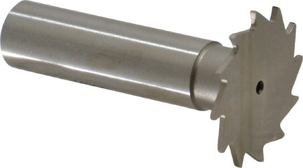 Made in USA - 1-1/8" Diam x 3/64" Face Width, High Speed Steel, 16 Teeth, Shank Connection Woodruff Keyseat Cutter - Uncoated, 2-3/16" OAL x 1/2" Shank, Straight Teeth - Exact Tooling